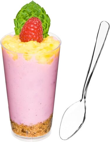 DLux 100 x 3 oz Mini Dessert Cups with Spoons, Shooter - Clear Plastic Parfait Appetizer Cup - Small Reusable Shooter Glass for Tasting Party Shooters Desserts Appetizers - With Recipe Ebook in Saudi Arabia