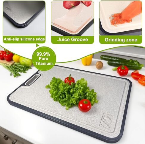 100% Pure Titanium Cutting Board, 2 in 1 Titanium Cutting Boards for Kitchen, Dishwasher Safe Cuttings Boards Double Sided with Juice Groove, Non-slip Wheat Straw PP Chopping Board, 15.2"×10.4" in Saudi Arabia
