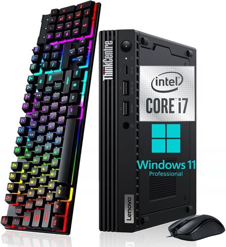 كمبيوتر مكتبي صغير Lenovo ThinkCentre M80q، Intel Core i7-10700T يصل إلى 4.5 جيجا هرتز، ذاكرة وصول عشوائي DDR4 سعة 16 جيجابايت، SSD 256 جيجابايت، لوحة مفاتيح وماوس، HDMI، منفذ DisplayPort، USB WiFi، Windows 11 Pro (متجدد) in Kuwait