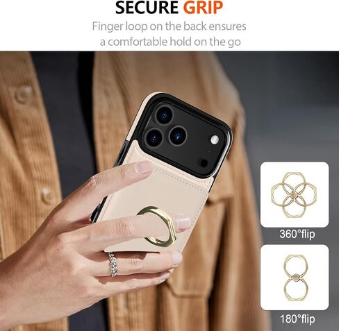 محفظة LOHASIC لهاتف iPhone 17 Pro مع حامل بطاقة، حلقة دوران 360 درجة، حجب RFID، 5 فتحات للبطاقات، غطاء جلد PU 6.3 بوصة لهاتف Apple 17 Pro للرجال والنساء، بيج in Kuwait