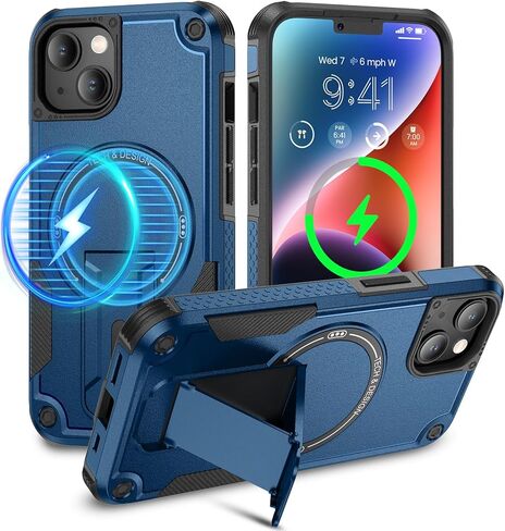 حافظة Caka لهاتف iPhone 13، حافظة iPhone 14 [متوافقة مع MagSafe] [مدمجة في حامل غير مرئي] حافظة هاتف مغناطيسية واقية مقاومة للصدمات من الدرجة العسكرية لهاتف iPhone 14 وiPhone 13-6.1 بوصة (أزرق داكن) in Kuwait