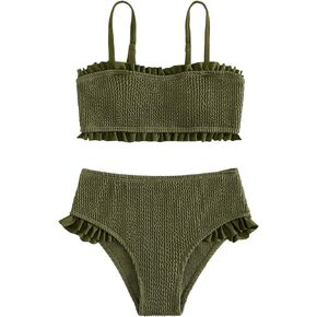 SOLY HUX Girl's Smocked Frill Trim Bikini Set Bathing Suits 2 Piece Swimsuit