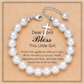 UNGENT THEM Cross Pearl Bracelet for Girls-Baptism First Communion Easter Confirmation Gifts for Girls Teens
