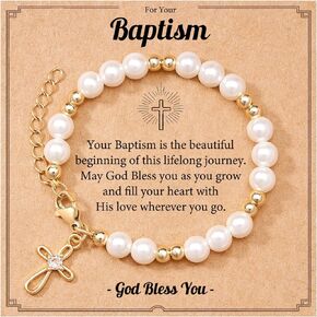 Tarsus Pearl Cross Bracelet for Girls - First Communion, Baptism, Easter, Little Girl Gifts for Daughter Granddaughter Godchild