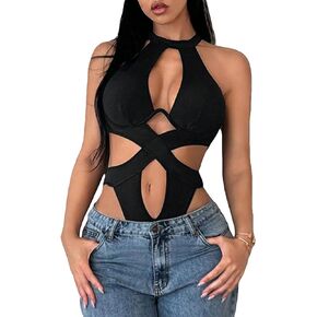 OYOANGLE Women's Cut Out Sleeveless Backless Halter Party Going Out Tank Bodysuit Tops
