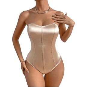 OYOANGLE Women's Silk Satin Bodysuit Sleeveless Strapless Tube Backless Solid Plain Slim Fit Bodysuit Tops