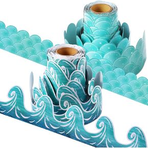 Nezyo 2 Rolls Ocean Waves Bulletin Board Border 98 Feet Blue Turquoise Scallops Bulletin Board Trim Paper Ocean Beach Bulletin Board Decorations Classroom Borders Under The Sea Classroom Decorations