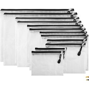 SUBANG 12 Pieces Black Zipper Pouch Zipper File Bags Mesh File Folders with Grid Travel Pouch, 6 Sizes