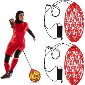 2 Pcs Handle Solo Soccer Kick Trainer Soccer Ball Bungee Elastic Training Juggling Net Soccer Kick Net Soccer Training Equipment Accessories and Gear for Kids Adults (Fits Ball Size 3, 4, 5) (Red)