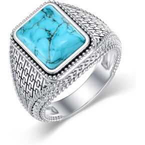 BETHZA Turquoise Rings for Men 925 Sterling Silver Western Vintage Genuine Square Turquoise Gemstone Ring Jewelry Gifts for Birthday Father's Day Size 7 to 14