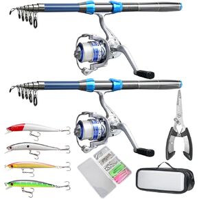 Fishing Pole Combo Set, 2PCS Alloy Fishing Rods 2PCS Spinning Reels Mono Fishing line Come Setup Already！Including 4PCS Minnow, Fishing Plier， ministoream