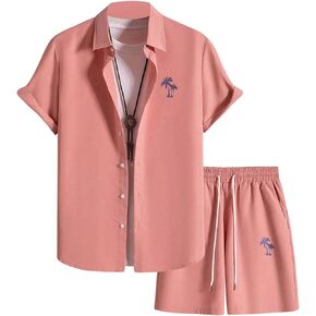 GORGLITTER Men's 2 Piece Outfits Short Sleeve Pockets Front Button Down Shirt and Drawstring Shorts Set Tracksuit