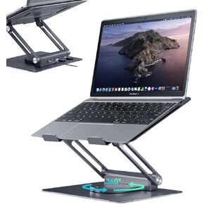 Laptop Stand with USB-C and USB-A, Adjustable Aluminum Laptop Riser for Desk with 360° Rotating Base, Foldable Ergonomic Computer Stand Compatible with 7"-17" Laptops, Silver