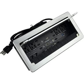 Tabletop Multimedia Connectivity Box with 4 AC Power+2 HDMI+2 Audio +2 LAN+1 USB-A Charger +1 USB-C Charger +1 USB3.0 Data with 5.58ft Power Cord for Conference Room (Black)