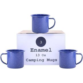Bulk Enamel Camping Mugs, Set of 3 - Durable, Long Lasting, Traditional 13 Ounce Blue Speckled Camping Mugs, Perfect For The Great Outdoors