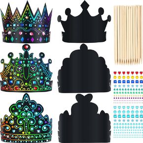 110 Pcs Paper Crowns Set Rainbow Scratch DIY Paper Crowns with Rainbow Scratch Crown Headband Hats Wooden Styluses Craft Elastic Bands Colorful Gem Jewels Stickers for Boys Girls Adults DIY Decorate