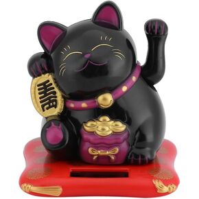 Lucky Cat, Beckoning Waving Wealth Cat Maneki Neko Solar Powered Money Cat Lovely Waving Arm Attract Fortune Cat for Car/Home/Office/Store Decoration Bussiness Gift (Black)
