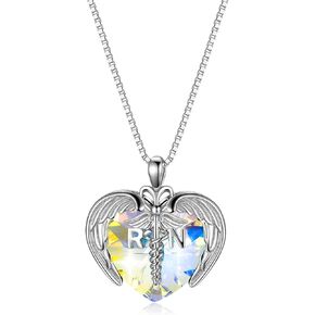 AOBOCO Sterling Silver Registered Nurse RN NP LPN Caduceus Pendant Necklace with Angel Heart Charm Made with Austrian Crystal, Nurse Nursing School Graduation Gifts for Women