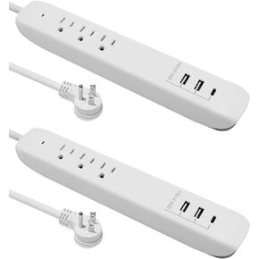 Power Strip Surge Protector Flat Plug with USB C, 25W Fast Charging, 3 Outlets, 2 USB Ports, USB C Port, Extension Cord 4ft, Charging Station 2 Pack, White Micmi