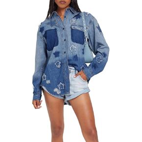 YEXPINE Women's Denim Shirt Casual Ripped Boyfriend Studded Jean Jacket Washed Shacket With Blue Star