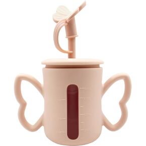Dommy Silicone Baby Sippy Cup with Spill Proof Straw&Lid | Baby Sippy Cup for 6-12Months | Transition Bottles for 1Year Old Toddler for Milk/Juice/Puree |Peach Dust, 5oz