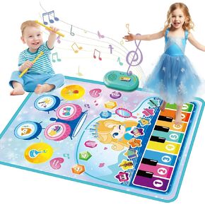 2 in 1 Baby Floor Piano and Drum Set Play Mat, Music Toy for 1 2 3 Years Old Girls Boys, Early Educational Baby Toy 12-18 Months, Toddler Toys 1-2, Birthday Gift for 1-5 Year Old (35.43*27.56 inches)