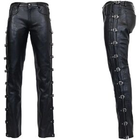 Genuine Leather Pants for Men Black Bikers Pants 100% Real Lambskin Leather with Side Buckles