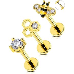 Jewseen 3Pcs Bee Cartilage Earrings 16g Internally Threaded Lip Piercing Jewelry Gold Lip Rings Flat Back Stud for Nose Surgical Steel Helix Conch Daith Piercing Jewelry