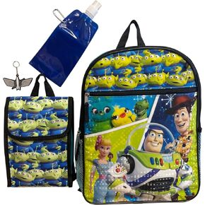 Toy Story Large Backpack 5 Pc Set W/ Lunch Box, Keychain, Collapsible Water Bottle, & carabiner Metal Clip (Black-Blue)