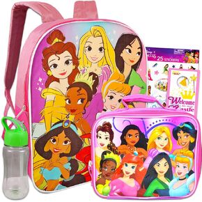 Disney Princess Backpack with Lunch Box for Girls 5 Pc Bundle ~ Deluxe 15" Princess School Bag, Lunch Bag, Water Bottle, Stickers, and More (Disney Princess School Supplies)