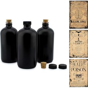 Cornucopia Brands Black 16-Ounce Glass Apothecary Bottles (3-Pack); Boston Round Bottles w/ Designer Labels Ideal for Aromatherapy and DIY