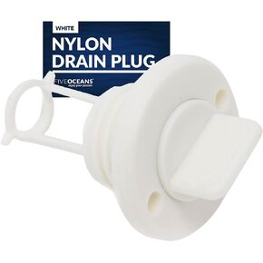 Five Oceans Captive Garboard Drain Plug, for 1-Inch Transom Hole, Oval Shape, Thread with Rubber Washer Gaskets, White Nylon - FO1794