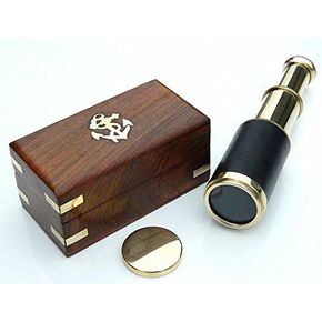 Brass Telescope Black Leather Wood with Box Rustic Vintage Home Decor Gifts