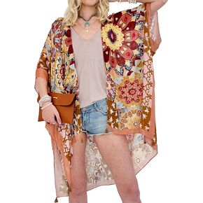 CATCHY & CRAFTY Kimono Swimsuit Coverup for Women Floral Boho Print Resort Wear Summer Beach Viscose