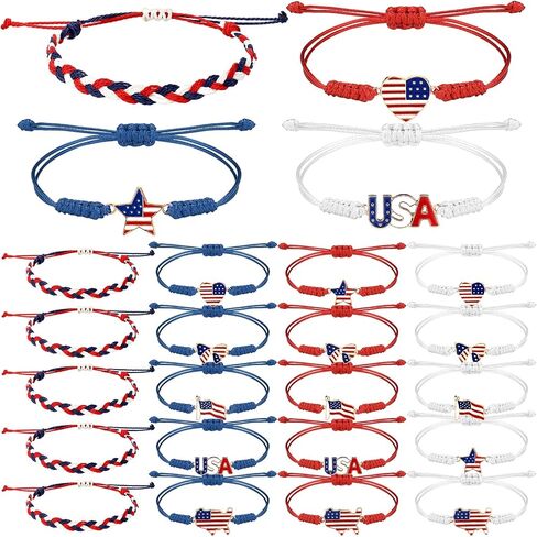 Aurelema 24 Pcs 4th of July Bracelets Red White and Blue String Bracelets Decorations Patriotic Party Favors Bracelets American Flag Friendship Woven Bracelets for Adults Teens in Saudi Arabia