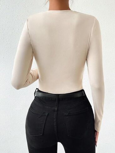 OYOANGLE Women's Casual Ruched Mock Neck Long Sleeve Slim Fit Bodysuit Elegant Tee Tops in Saudi Arabia