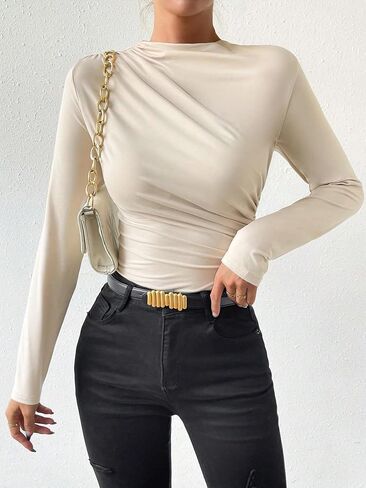 OYOANGLE Women's Casual Ruched Mock Neck Long Sleeve Slim Fit Bodysuit Elegant Tee Tops in Saudi Arabia
