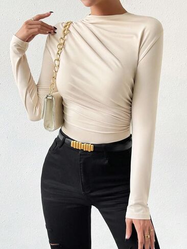 OYOANGLE Women's Casual Ruched Mock Neck Long Sleeve Slim Fit Bodysuit Elegant Tee Tops in Saudi Arabia