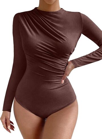 OYOANGLE Women's Casual Ruched Mock Neck Long Sleeve Slim Fit Bodysuit Elegant Tee Tops in Saudi Arabia