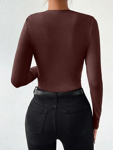 OYOANGLE Women's Casual Ruched Mock Neck Long Sleeve Slim Fit Bodysuit Elegant Tee Tops in Saudi Arabia