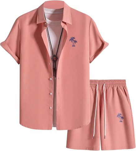 GORGLITTER Men's 2 Piece Outfits Short Sleeve Pockets Front Button Down Shirt and Drawstring Shorts Set Tracksuit in Saudi Arabia