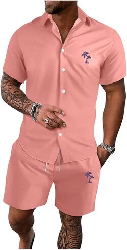 GORGLITTER Men's 2 Piece Outfits Short Sleeve Pockets Front Button Down Shirt and Drawstring Shorts Set Tracksuit in Saudi Arabia