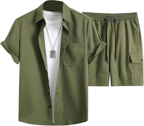 GORGLITTER Men's 2 Piece Outfits Short Sleeve Pockets Front Button Down Shirt and Drawstring Shorts Set Tracksuit in Saudi Arabia