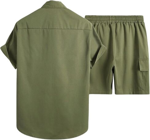 GORGLITTER Men's 2 Piece Outfits Short Sleeve Pockets Front Button Down Shirt and Drawstring Shorts Set Tracksuit in Saudi Arabia