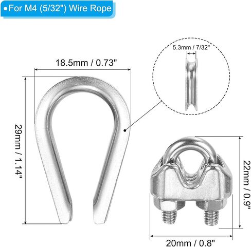 PATIKIL 5/32" Wire Rope Kit, 40 Pack M4 Wire Rope Cable Clamps & Stainless Steel Thimbles for 5/32" Diameter Wire Rope Rigging in Kuwait