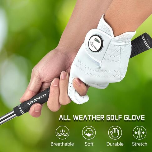 قفازات الجولف الرجالية المصنوعة من الجلد الفاخر من MAZEL لليد اليسرى، قفازات جولف ممتصة للعرق في الطقس الحار الرطب مع علامة كروية، مقاس مناسب S M L XL in Kuwait