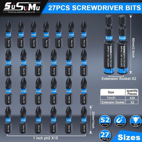 27PCS Phillips Bits #2 Impact 1inch Long Strong Magnetic Drill Bits Anti Slip 1/4 Inch Hex Shank S2 Alloy Steel Impact Ph2 Screwdriver Power Bits Set with Magnetic Bit Holder for Power Drill in Saudi Arabia