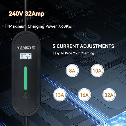 شاحن AOLITHIUM المستوى 2 EV، 32 أمبير 240 فولت SAE J1772 شاحن EV، شاحن سيارة كهربائية محمول منزلي NEMA 5-15Plug، محطة شحن EV، تيار قابل للتعديل 10-32 أمبير، كابل 16 قدم للأماكن الداخلية والخارجية in Kuwait