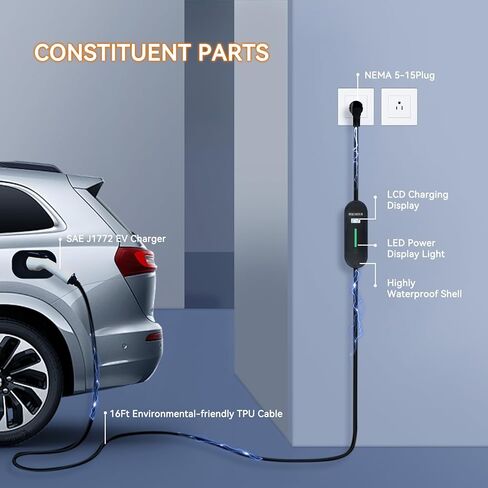 شاحن AOLITHIUM المستوى 2 EV، 32 أمبير 240 فولت SAE J1772 شاحن EV، شاحن سيارة كهربائية محمول منزلي NEMA 5-15Plug، محطة شحن EV، تيار قابل للتعديل 10-32 أمبير، كابل 16 قدم للأماكن الداخلية والخارجية in Kuwait
