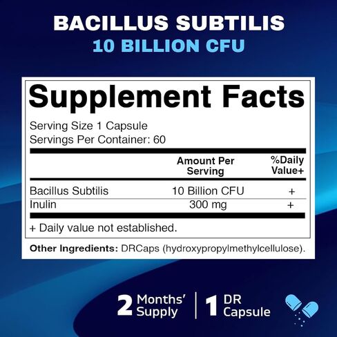 Vitamatic Bacillus Subtilis 10 Billion per DR Capsule - 60 Count - Digestive, Gut & Immune Health Support - Made with Prebiotic Inulin Fiber in Saudi Arabia